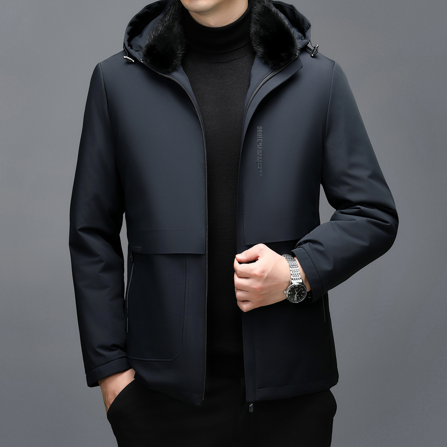 专柜高档秋冬季新款男士夹克商务休闲加绒加厚可拆卸帽棉服外套男