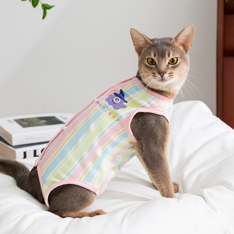 Gatos de dibujos animados a rayas monstruos esterilización ropa de destete transpirable cuatro estaciones ropa postoperatoria ropa de gato mascota