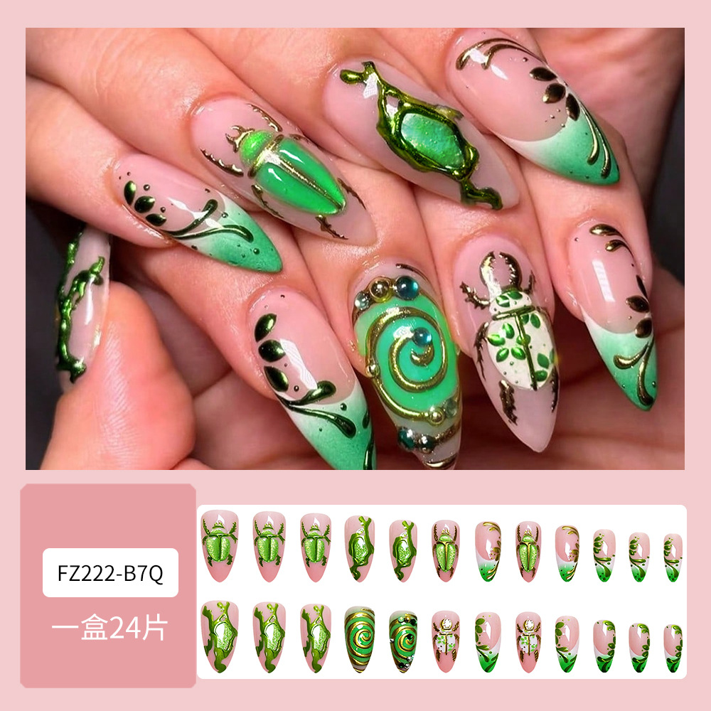 Transfronterizo rosa verde dorado tortuga taladro de uñas estereoscópicas luces de oro fantasía francesa 24 piezas de parche de uñas