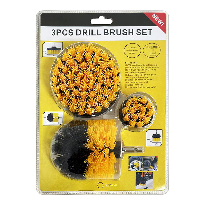 Transfronterizo de doble burbuja 3 piezas 2 pulgadas 3.5 pulgadas 4 pulgadas cepillo de limpieza eléctrica amarillo conjunto de cepillo de perforación eléctrica de limpieza de automóviles