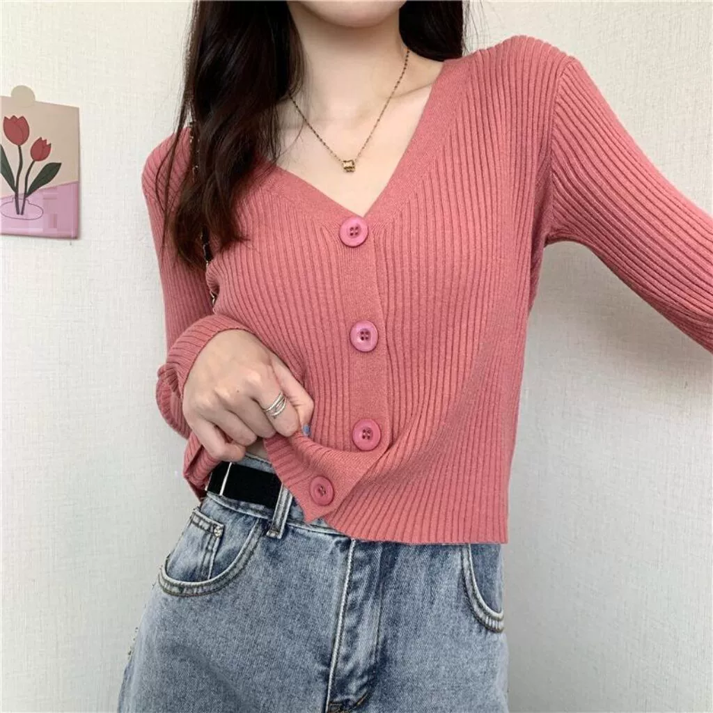 Короткий свитер кардиган вязаная куртка осенний длинный рукав обтижка slim fit 2021 год оптовая
