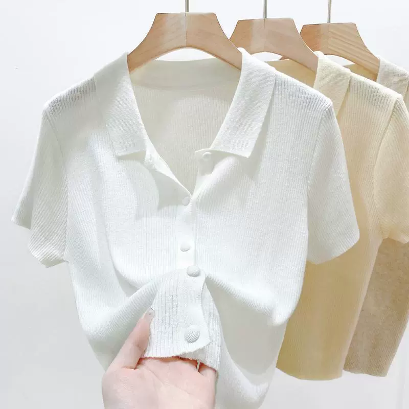 Тонкий вязаный кардиган с korte sleeves, облегающая подростковая летняя кофта, короткая поло-воротник, размеры S–2XL