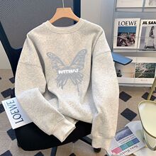 蝴蝶白灰色圆领卫衣女慵懒风2025春季新款爆款宽松百搭上衣外套潮