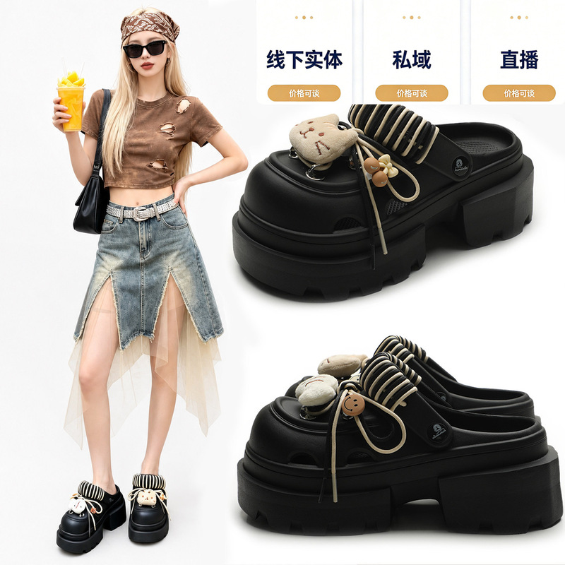 Black Platform Thick-Soled Clogs for Women, Summer Outdoor Wear, Closed-Toe Sandals with Cute Charms, Slip-On Style, Height-Increasing Trendy Shoes