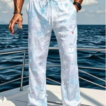 Men's Snowflake, Snowman, Deer Christmas Print Wide-Leg Pants with Elastic Waist, Suitable for Holiday, Beach, Casual, Daily Wear Men's Snowflake, Snowman, Deer Christmas Print Wide-Leg Pants with Elastic Waist, Suitable for Holiday, Beach, Casual, Daily Wear