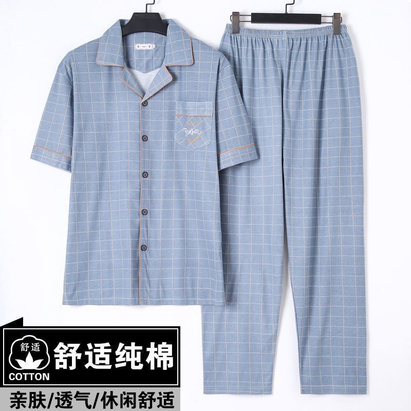 Pajamas de algodón delgado de manga corta para hombres, pajamas de verano, abuelos, padres, pajamas de verano, cuadros