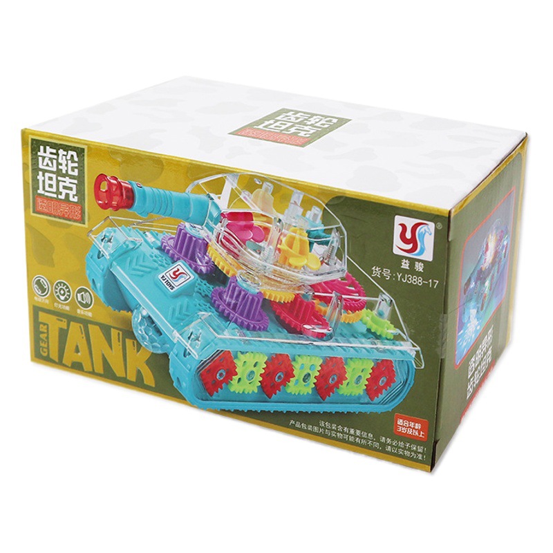 Tiktok mismo coche de tanque de engranaje transparente eléctrico Universal con música ligera puesto de mercado nocturno de juguete para niños transfronterizo
