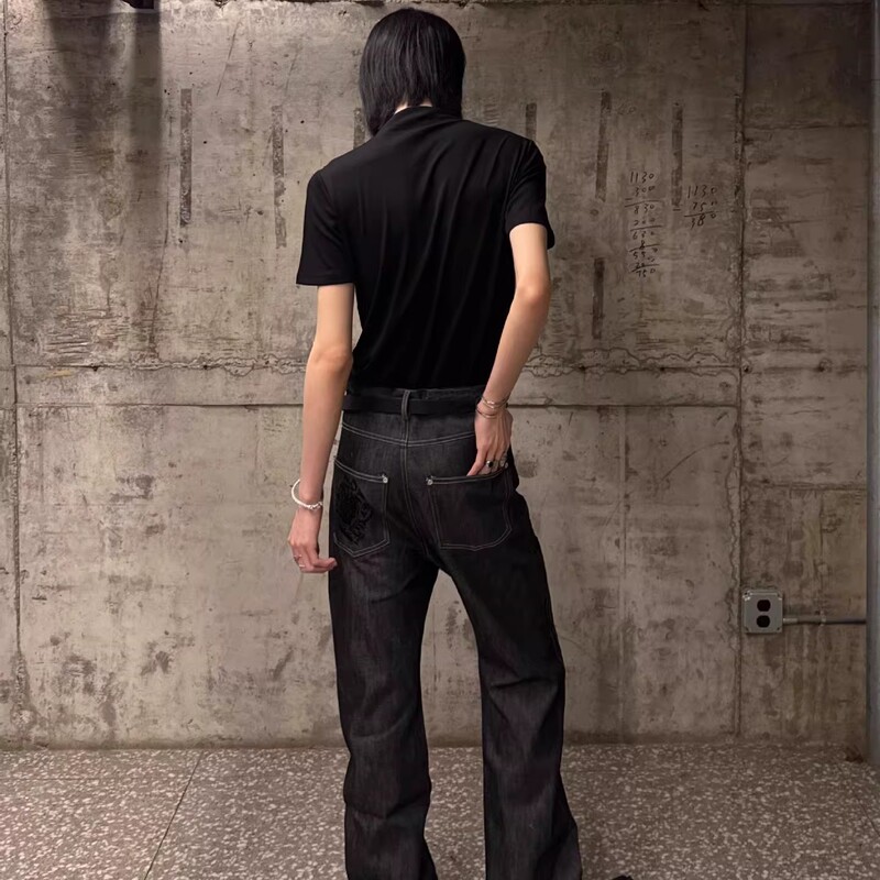 echoforge Qingguang Original Denim Old Money Style Men's Embroidered High-End Wide-Leg Curved Pants