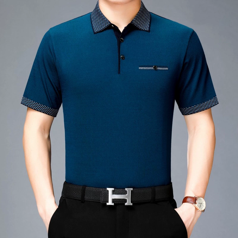 Новая деловая повседневная мужская Трикотажная одежда, однотонная свободная футболка для папы из ледяного шелка с короткими рукавами и лацканами, лето 2020