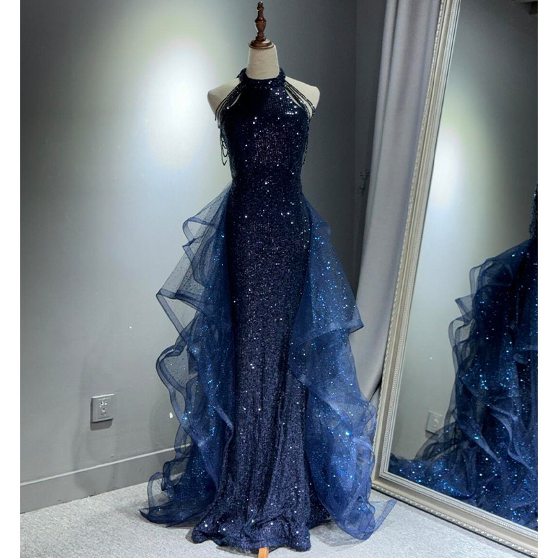 Evening Dress Blue Women's 2026 New Style Light Luxury Niche Banquet Piano Vocal Violin Art Exam Host Annual Meeting