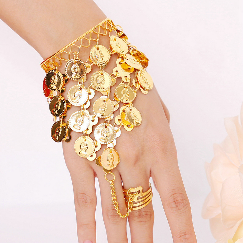 Exotic Ethnic Style Coin Bracelet Indian Dance Performance Costume Jewelry Accessories Gold Disc Ring Bracelet Exotic Ethnic Style Coin Bracelet Indian Dance Performance Costume Jewelry Accessories Gold Disc Ring Bracelet