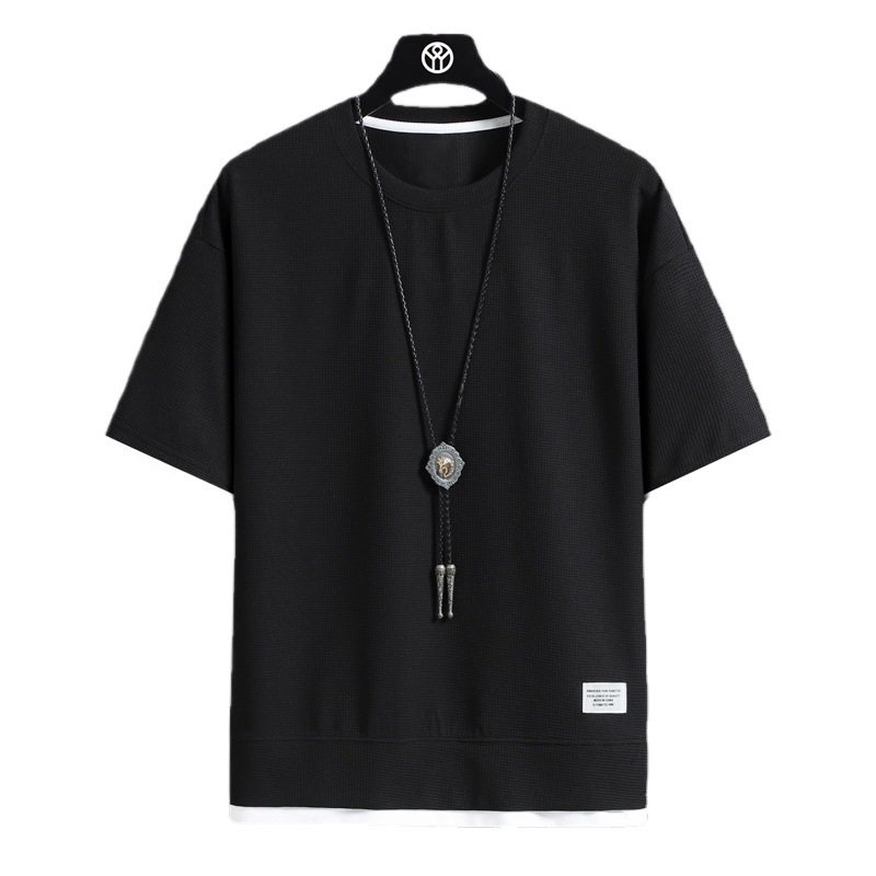 Short-sleeved T-shirt Summer Men's Fake Two-piece Loose Half-sleeved T-shirt Ice Silk Thin Round Neck Fashion Brand Clothes