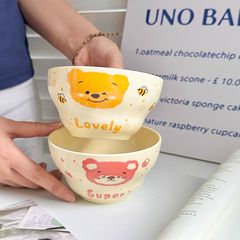 かわいいクリーム風ボウル漫画版下絵色セラミックライスボウルガールハートクマ大容量ライスボウルスプーン付き