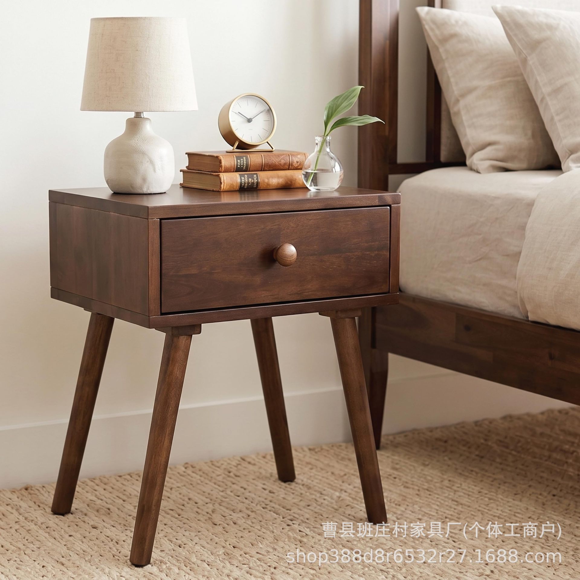 Solid wood bedside table, vintage bedroom bedside storage cabinet with drawers, small storage cabinet in walnut color, small organizing cabinet