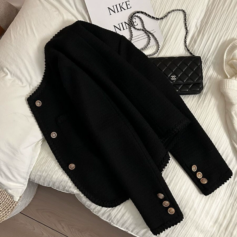 Черный demi-season короткий классический жакет, стиль высокого качества, стиль Chanel, 2024 год, для подростков, городской стиль