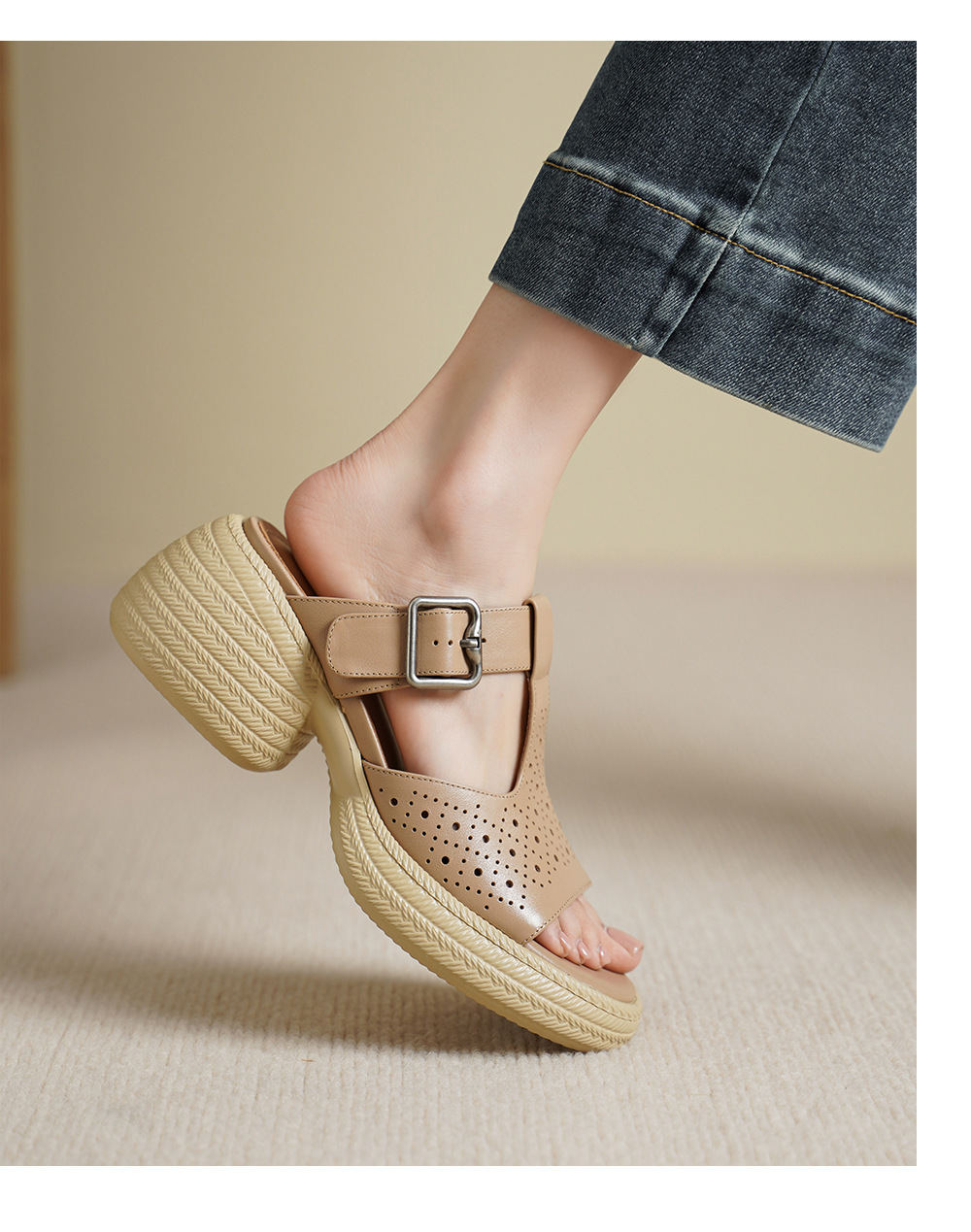 Sandal nữ da bò cao gót quai chữ T đế dày — đen chi tiết 11