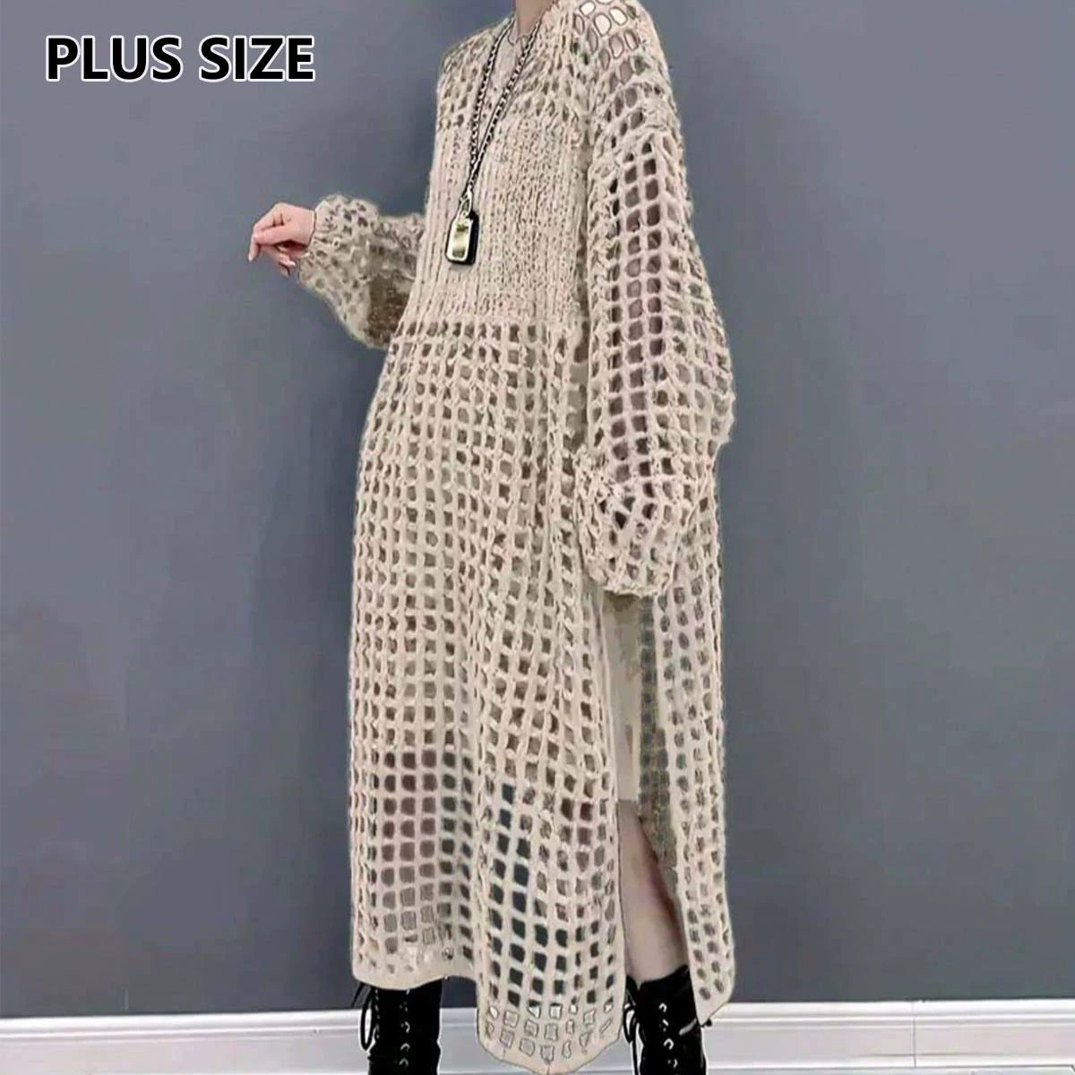 Трансграничная европейская и американская весенне-осенняя свободная элегантная полая трикотажная юбка с круглым вырезом и высоким разрезом, повседневный женский свитер больших размеров с длинными рукавами