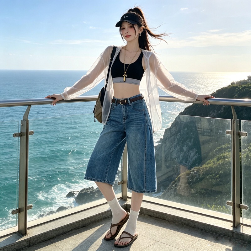High-Quality In-Stock Vintage Off-White Six-Point Flared Denim Women's Summer Loose Versatile Casual Wide-Leg Cropped Pants