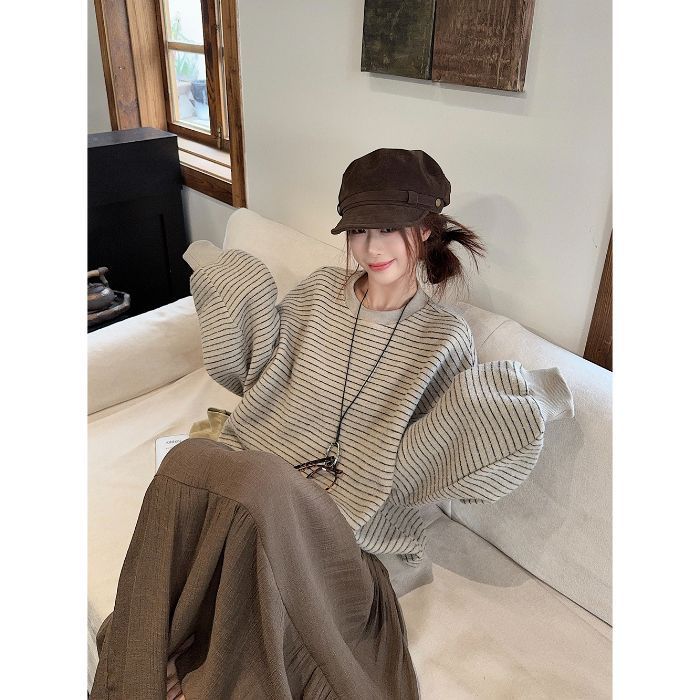 【工厂现货】设计感圆领条纹长袖套头卫衣女百搭宽松显瘦休闲上衣|undefined