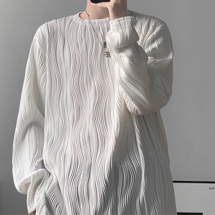 White pleated long-sleeved T-shirt men's loose fashionable undershirt cold style men's couple's fleece-lined top clothes