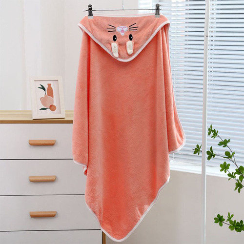 Cartoon Thick Household Water-absorbent Hooded Towel Set with Wearable Cap and Coral Fleece Blanket