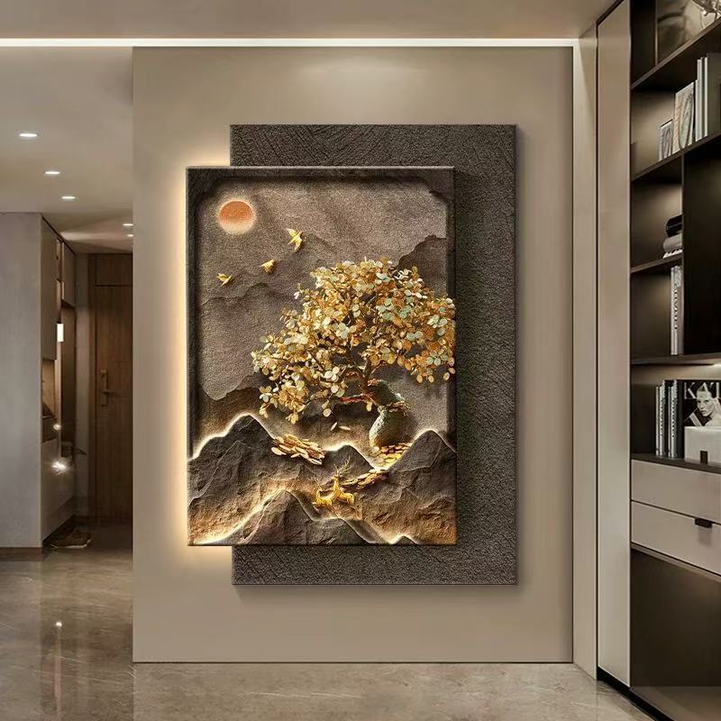 無垢材の玄関ホール装飾絵画新しい中国風のテクスチャ廊下わびさびフレームレス発光ハイエンドエンド吊り絵画|undefined