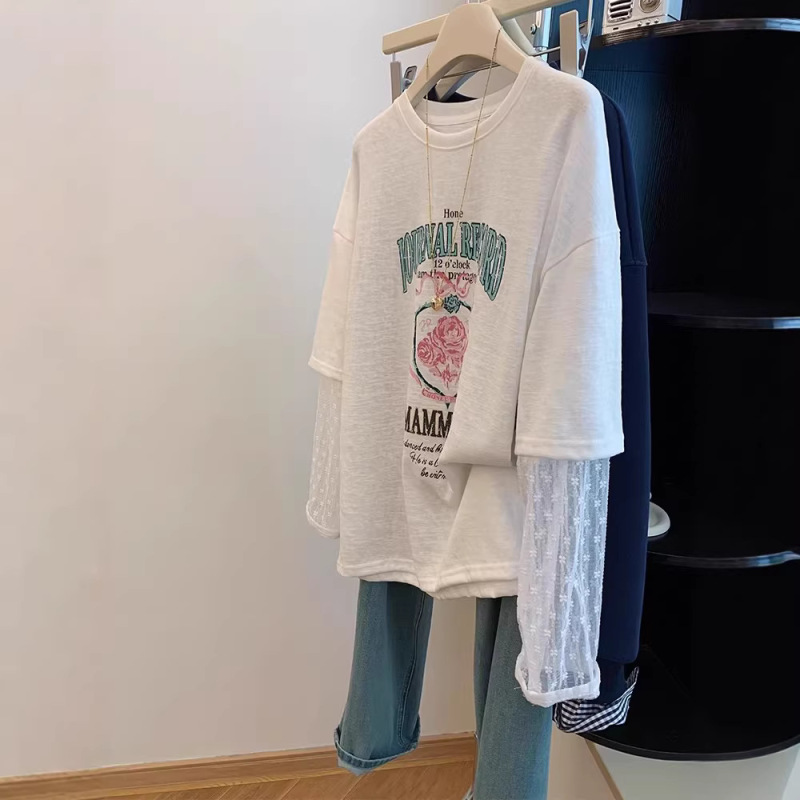 Snowflake Cotton Plus Size 150kg White Lace Long-Sleeve T-Shirt for Women, Summer Fake Two-Piece Design Sun Protection Top Snowflake Cotton Plus Size 150kg White Lace Long-Sleeve T-Shirt for Women, Summer Fake Two-Piece Design Sun Protection Top
