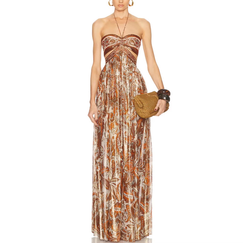 2026 Spring and Summer New French Retro Print Halter Neck Dress, Elegant and Slimming, Strapless Backless Vacation Long Dress 2026 Spring and Summer New French Retro Print Halter Neck Dress, Elegant and Slimming, Strapless Backless Vacation Long Dress