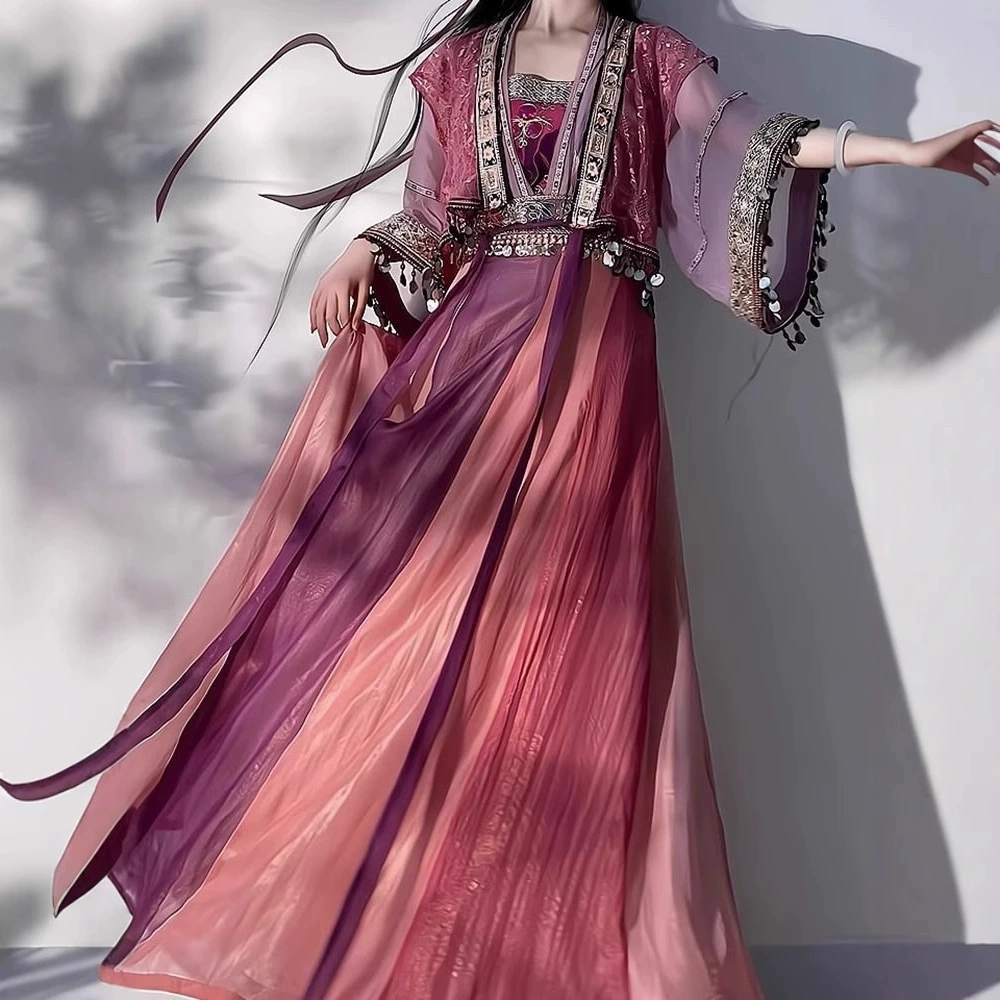 Древнее этническое платье Ханфу Миао в стиле Сяньцзянь Цисюань для девочек с экзотическими китайскими элементами и этническими украшениями.