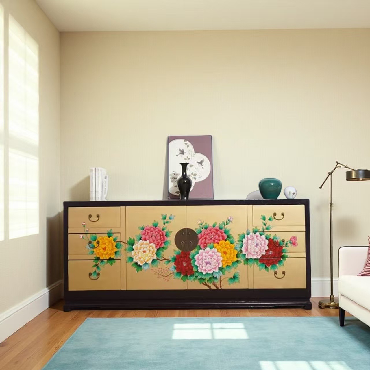 Chinese Solid Wood Cupboard Storage Cabinet Bedroom Hand-Painted Multi-Functional Sideboard Furniture Storage Cabinet Tv Side Cabinet