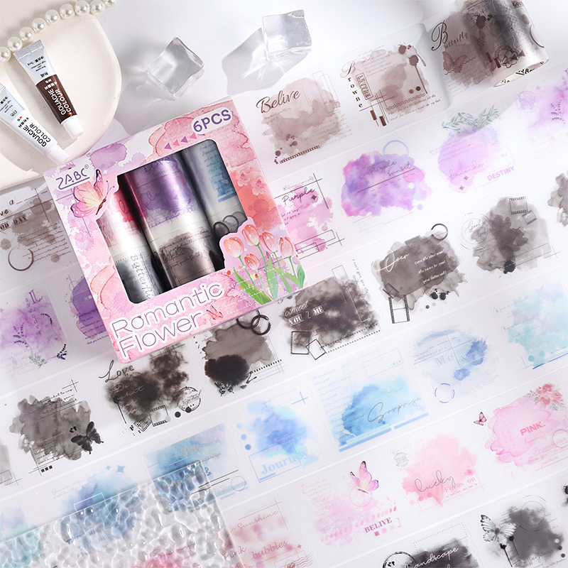 Romántica flor de niebla pet caja impermeable cinta adhesiva transfronteriza Inglés retro tinta de dibujo de cinta adhesiva