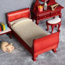 1:12娃娃屋dollhouse迷你小家具卧室微场景模型红木色复古单人床