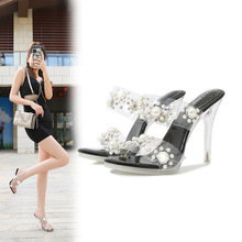 新款性感网红水晶透明高跟鞋女细跟珍珠水钻凉鞋配裙子气质女神范