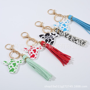 New wooden cow brand cow pendant leather tassel Western style cow head creative colorful long tassel key ring