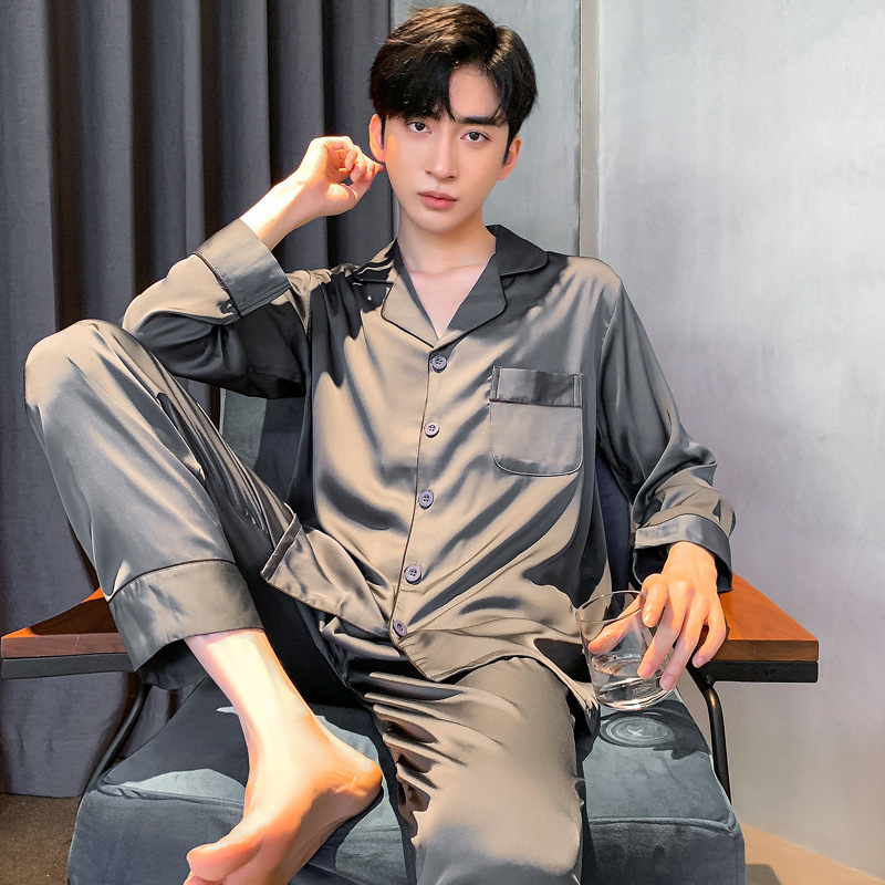 남성용 잠옷 봄 여름 긴팔 실크 아이스 실크 홈웨어 봄 가을 얇은 모조 실크 새틴 슈트