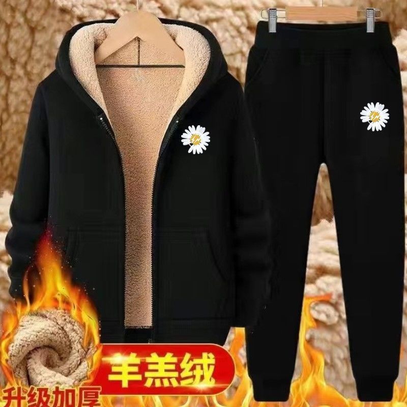 加绒加厚运动套装女羊羔绒开衫连帽卫衣两件套秋冬季新款休闲卫裤
