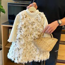 2025新款早春女童亮片流苏背心连衣裙女童加绒公主裙生日新年