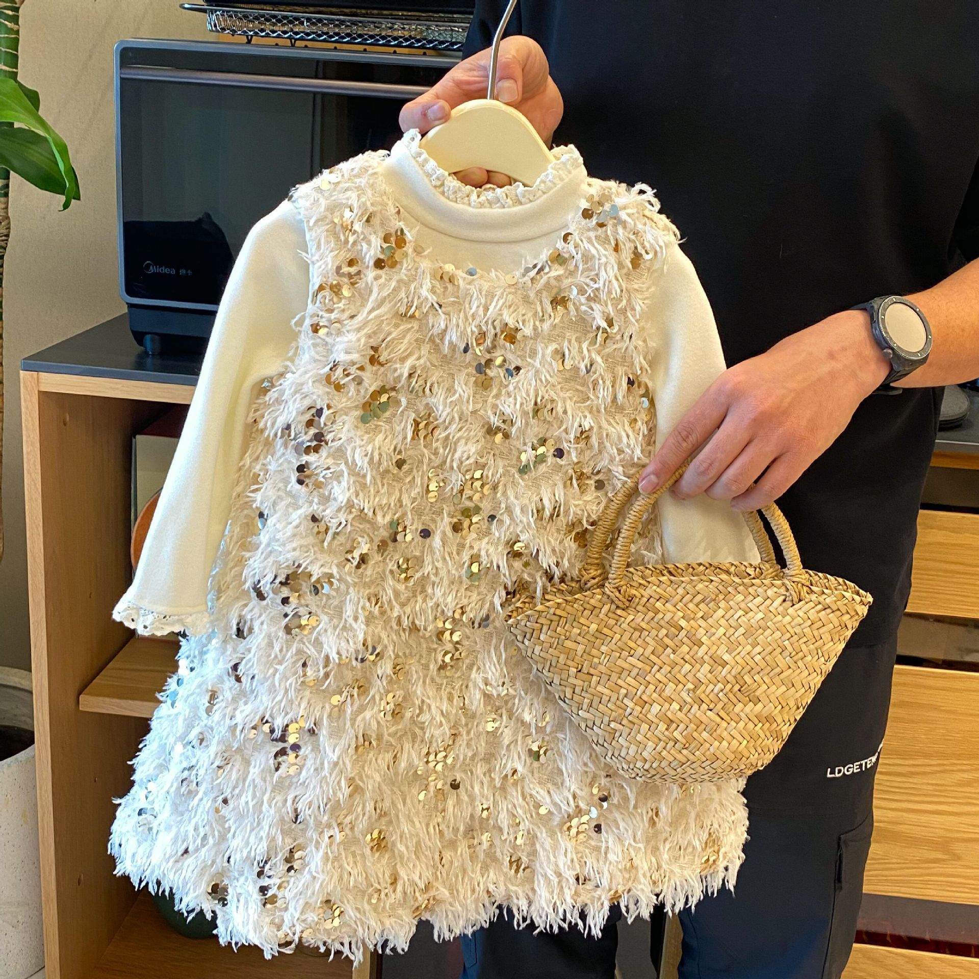 2025 New Style Girls' Sequin Tassel Vest Dress Girls' Fleece-Lined Princess Dress Birthday New Year