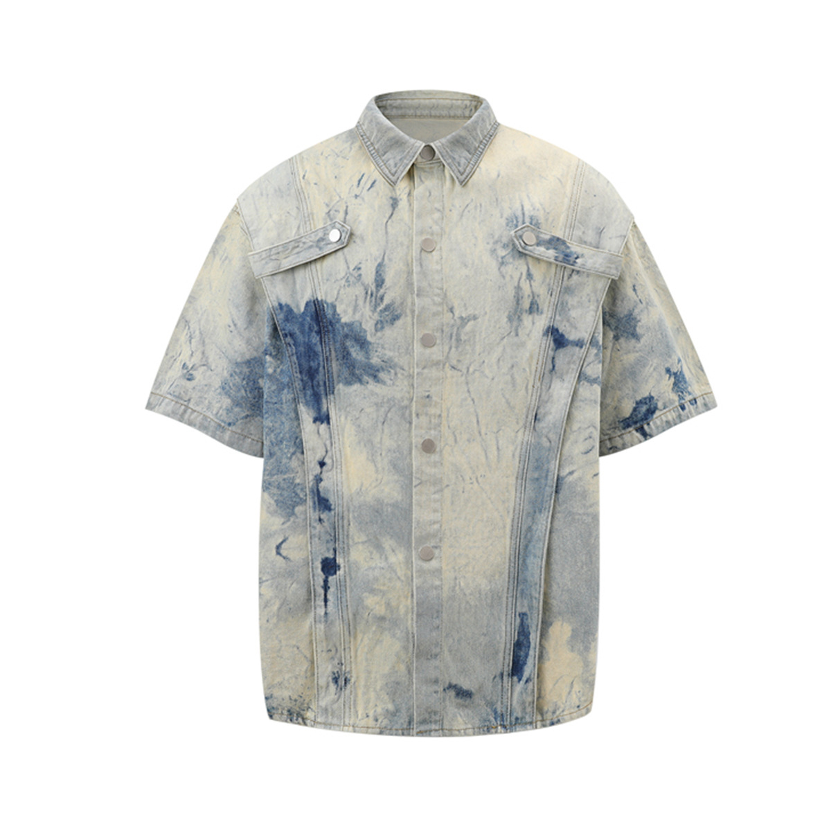 Jiayiku Men's Summer suit Shirt Korean-style Puffy Handsome Niche Tie-dyed Washed Denim Shirt Men's Coat Short-sleeved