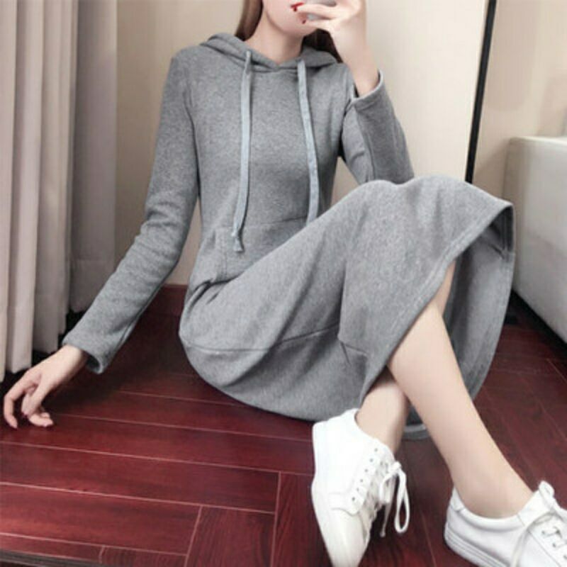 棉秋冬长款过膝卫衣裙女新款韩版宽松大码长袖加绒加厚连帽连衣裙|undefined