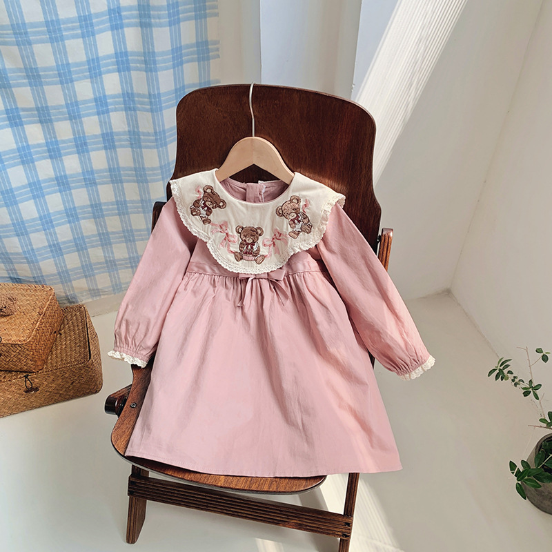 2024 otoño muñeca collar arco algodón falda de los niños Ropa de los niños de estilo coreano ropa resistente retro oso vestido de niña