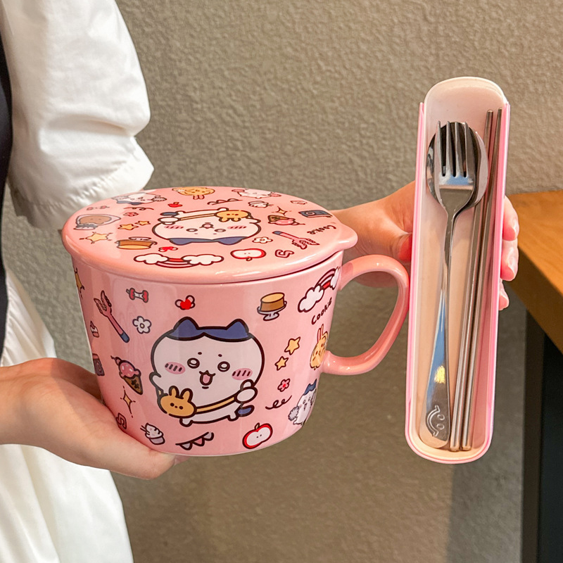 かわいいウサキ小八陶磁器泡麺カップ蓋付き学生寮用食器大容量ナット粉ボウルスープボウル|undefined