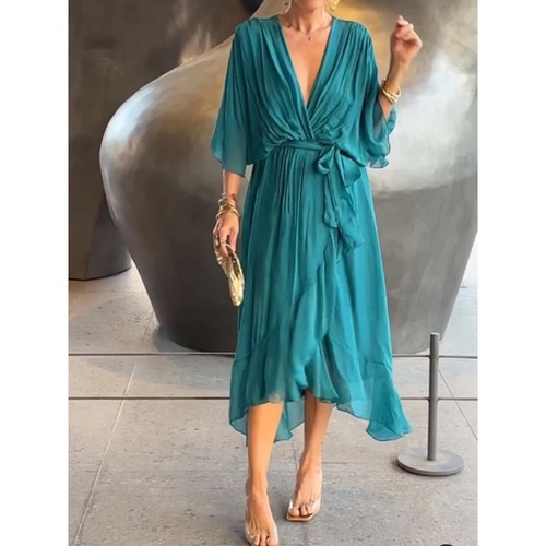 2024 New European and American Women's Cross-border Amazon Solid Color Series Long Dress with Batwing Sleeve and Irregular Hem Plus Size