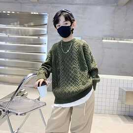 秋冬季男童毛衣洋气中大儿童针织衫套头圆领拼色酷帅炸街时髦上衣