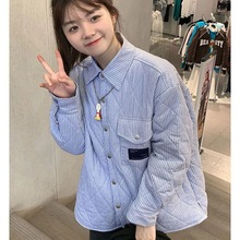 日系棉服女2023年新款春季蓝色加厚衬衫菱格条纹翻领外套