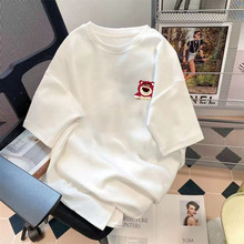 厂家批发草莓熊夏季情侣款宽松五分袖上衣简约印花百搭纯色T恤