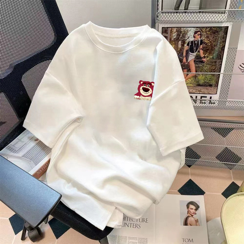 Factory wholesale strawberry bear summer lovers loose half sleeve jacket simple printing Joker solid color T-shirt