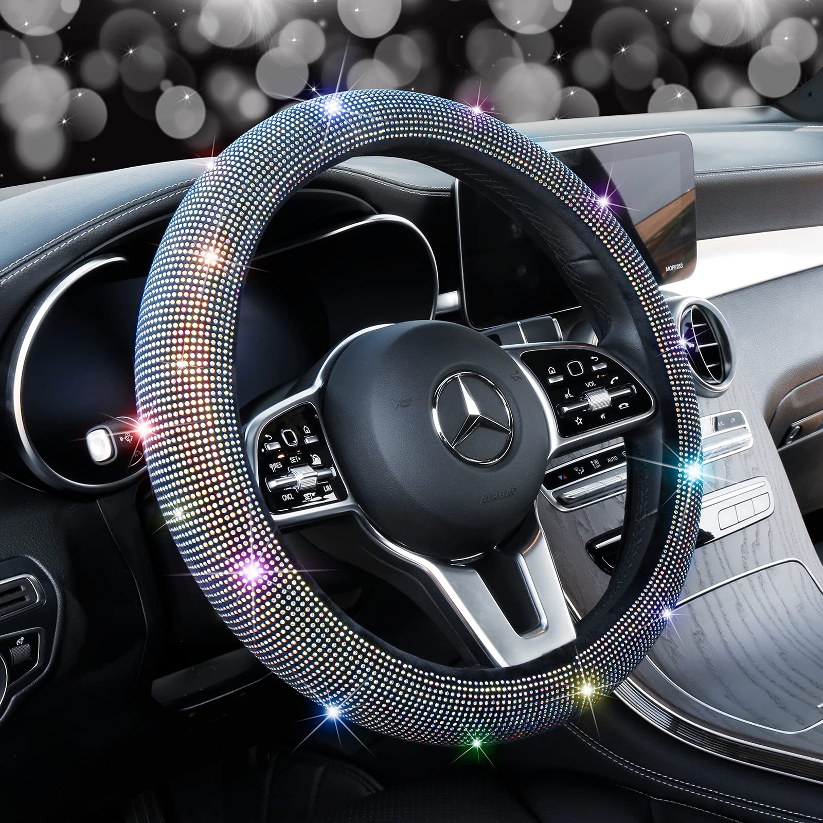 Car Diamond-encrusted Steering Wheel Cover,Car-mounted Hot-drilled Handlebar Cover,Full Rhinestones With Rhinestones,Mesh Rhinestones,Plush Inner Ring