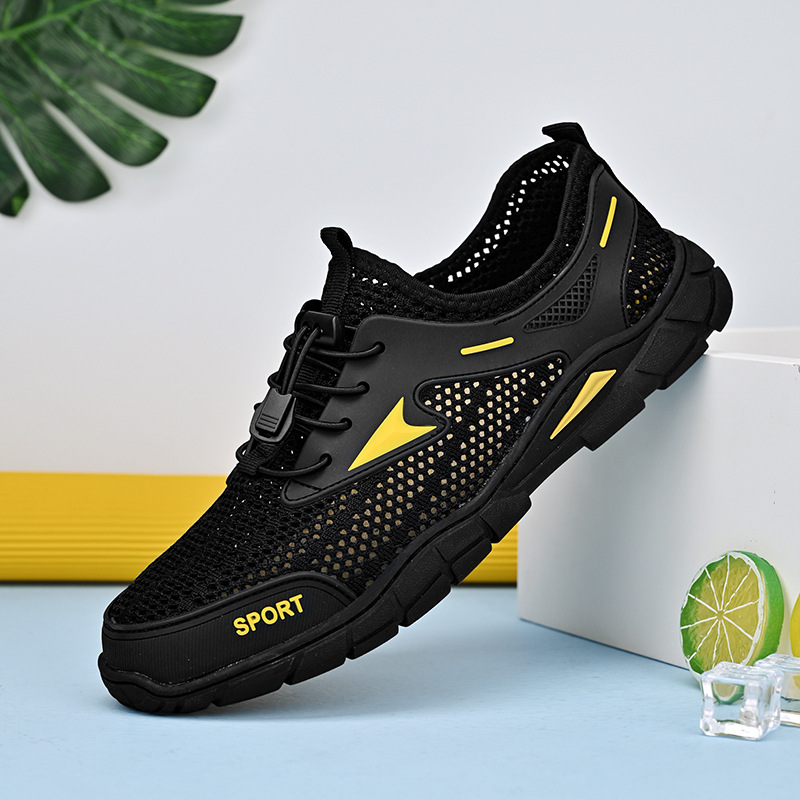 健步鞋男夏季透氣一腳蹬休閒鞋男鏤空輕便防滑戶外運動鞋