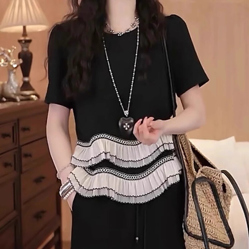 女性用ニッチボトリングシャツ、デザインステッチフリルカジュアルトップス、Sサイズ、大きいサイズ、右肩ラウンドネック、半袖|undefined